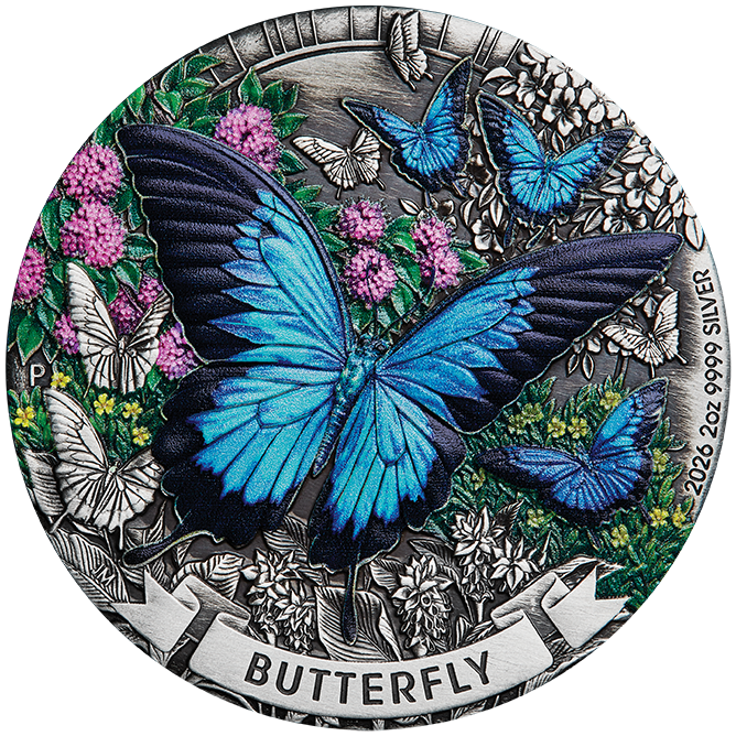 Australia Butterfly 2026 $2 Colour 2oz Silver Antique Coin