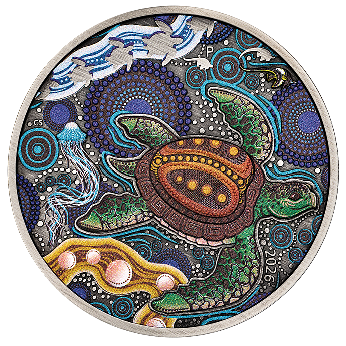 2026 Australia Turtle Yaunati $2 2oz Silver Antique Coloured Coin