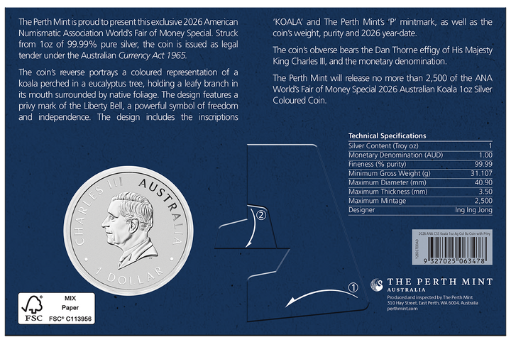 2026 ANA Coin Show Special Australian Koala with Liberty Bell Privy 1oz Silver Coloured Coin
