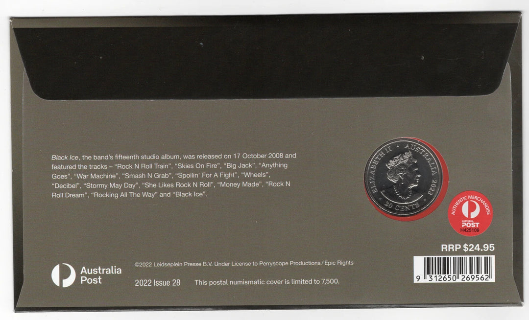 2022 AC/DC BLACK ICE 15TH ANNIVERSARY 20C STAMP &amp; COIN COVER PNC