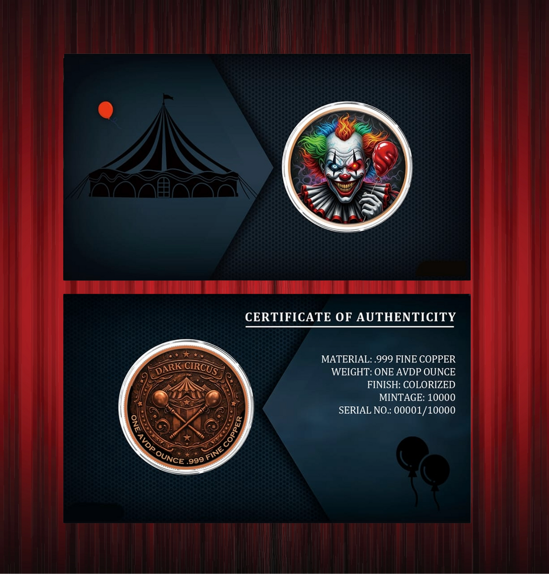 Dark Circus Clown 1oz .999 Fine Copper Round with Numbered Display Card
