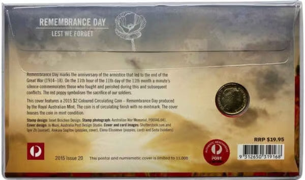 2015 $2 Flanders Fields Remembrance Day Coloured PNC