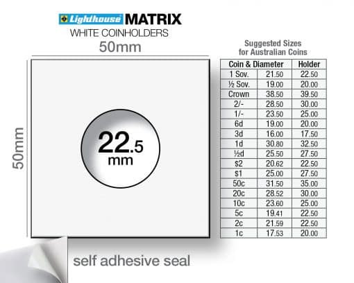 MATRIX Self-Adhesive Coin Holders – 22.5 mm (White, Pack of 25) – Fits $2 Coins