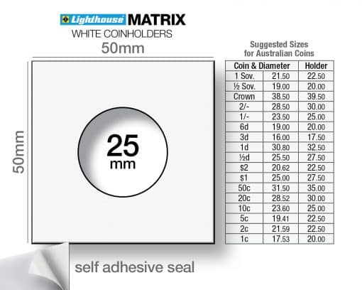 MATRIX SELF-ADHESIVE COIN HOLDERS – 25 MM (WHITE, PACK OF 25) – FITS 10c COINS