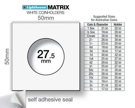 MATRIX Self-Adhesive Coin Holders – 27.5 mm (White, Pack of 25) – Fits $1 Coins
