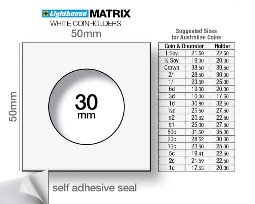 MATRIX SELF-ADHESIVE COIN HOLDERS – 30 MM (WHITE, PACK OF 25) – FITS 20c COINS