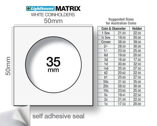 MATRIX SELF-ADHESIVE COIN HOLDERS – 35 MM (WHITE, PACK OF 25) – FITS 50c COINS