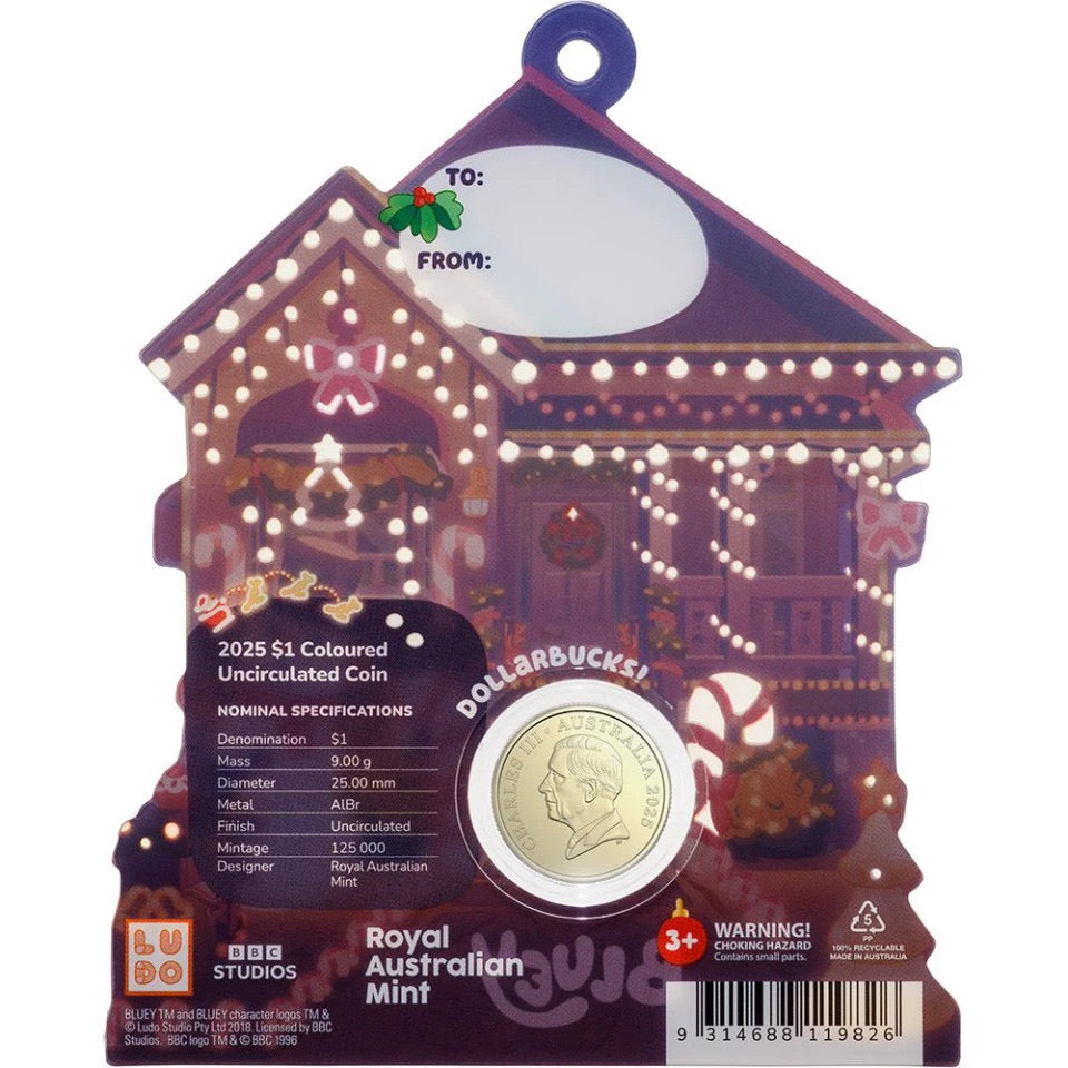 2025 $1 Coloured Uncirculated Coin – Bluey Christmas