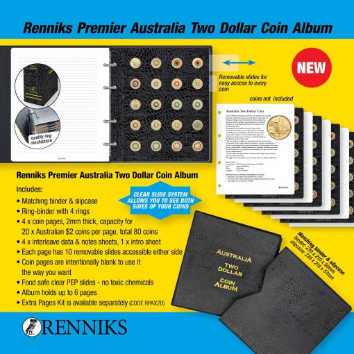 Renniks Premier Australian $2 Coin Album – Binder & Slipcase (Holds 80 Coins) The Coin Shed