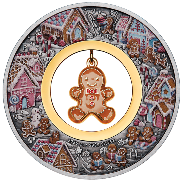 Gingerbread Christmas 2026 2oz Silver Antiqued Coloured Coin